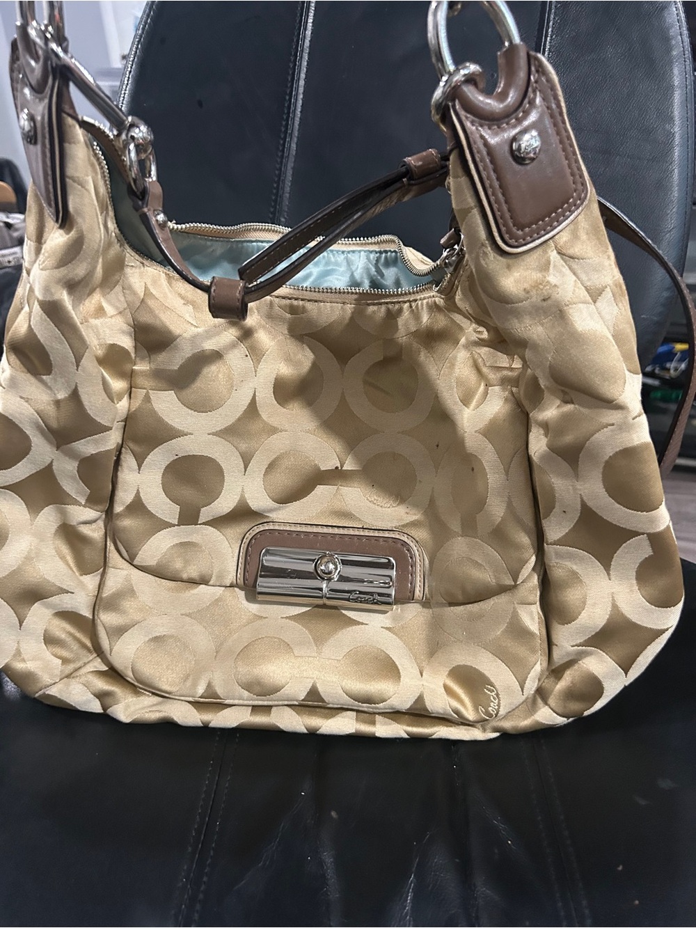 Coach Beige and Brown Signature Jacquard Shoulder Bag